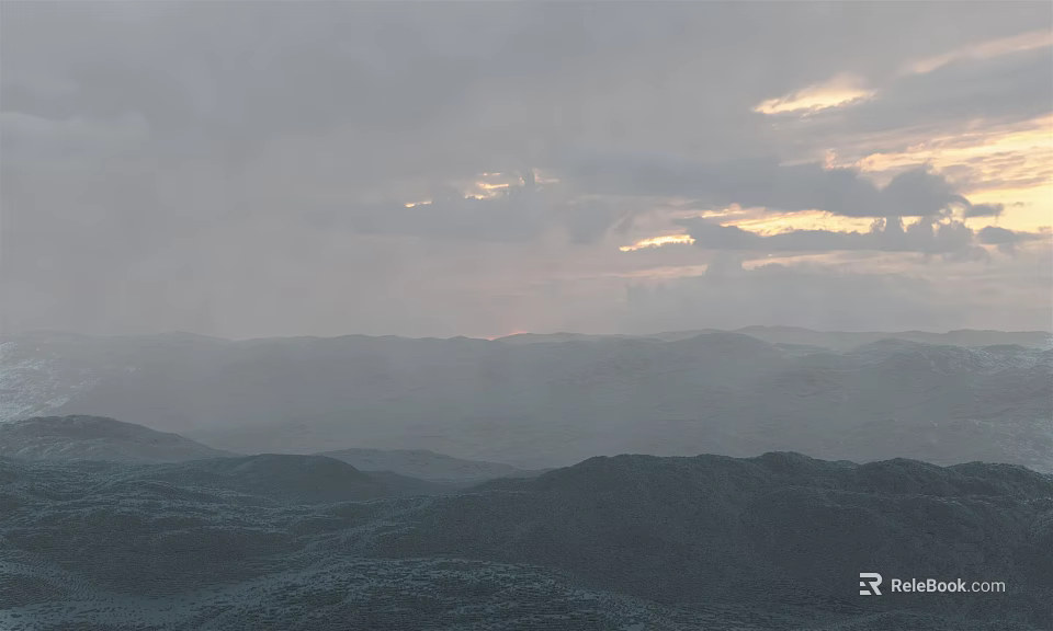 Misty Garden Landscape With Rolling Hills Cloudy Sky And Sunset Light 3d model 