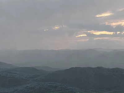 Misty Garden Landscape With Rolling Hills Cloudy Sky And Sunset Light 3d model