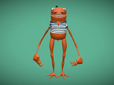 Cartoon Orange Frog in Blue White Striped T-Shirt With Big Eyes Long Limbs Green Background 3d model