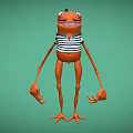 Cartoon Orange Frog in Blue White Striped T-Shirt With Big Eyes Long Limbs Green Background