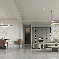 Modern Living Dining Room Interior With Circular Chandelier Mural Sofa And Floor To Ceiling Window