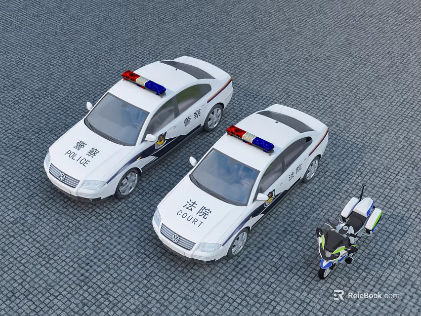 White Police Functional Vehicles Including Patrol Cars And Motorcycle With Emergency Lights 3d model 