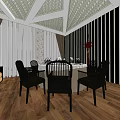 Private Dining Room Interior with Brick Wall Sofa Dining Table Chairs Decorative Paintings and Wooden Flooring