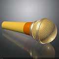 Yellow Handle Microphone With Orange Ring Gold Mesh Grille On Black Surface With Reflection 3d model