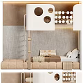 Cozy Bunk Bed In Kids Bedroom With Wooden Ladder Soft Pillows And Wall Round Cutouts