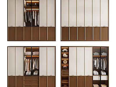 Modern Wardrobe Design With Wooden Sliding Doors Hanging Rods Shelves And Drawer Storage 3d model