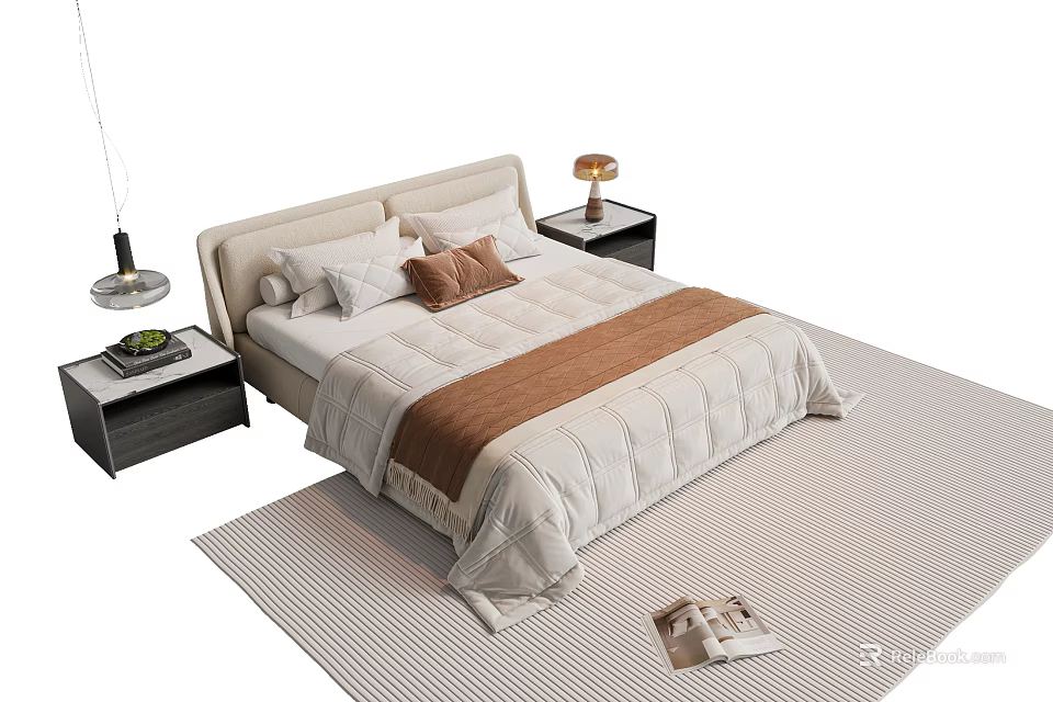 Double Bed with White Quilt Brown Blanket Pillows Nightstands Table Lamps on Striped Rug 3d model 