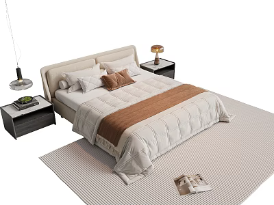 Double Bed with White Quilt Brown Blanket Pillows Nightstands Table Lamps on Striped Rug 3d model