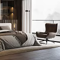Modern Bedroom Interior With Comfortable Bed Large Window Wooden Floor And Armchair