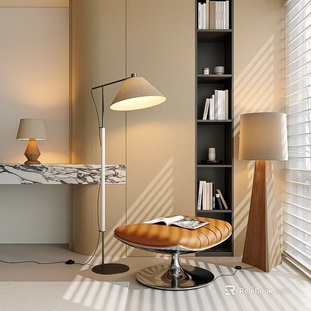 Cozy Lighting Combination with Floor Lamp Table Lamp and Marble Countertop Near Bookshelf 3d model 