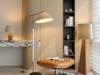 Cozy Lighting Combination with Floor Lamp Table Lamp and Marble Countertop Near Bookshelf 3d model