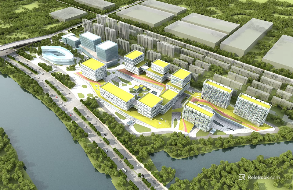 Eco Friendly Industrial Factory Complex With Green Landscaping River And Road Networks 3d model 