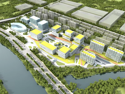 Eco Friendly Industrial Factory Complex With Green Landscaping River And Road Networks 3d model
