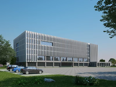 Modern Office Building Featuring Aluminum Striped Facade Glass Windows Parking Lot And Green Lawns 3d model