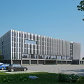 Modern Office Building Featuring Aluminum Striped Facade Glass Windows Parking Lot And Green Lawns