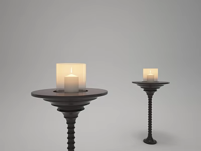 Stylish Two Candle Lamps With Black Spiral Bases And Lit White Candles 3d model
