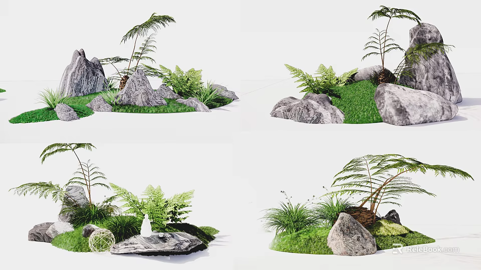 Green Plants And Ferns Landscaping Design With Rocks And Grass Patches 3d model 