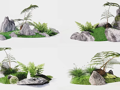 Green Plants And Ferns Landscaping Design With Rocks And Grass Patches 3d model