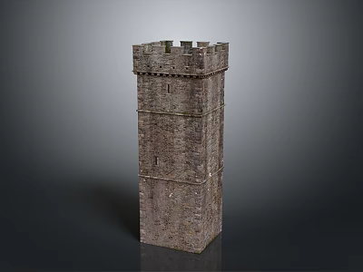 Ancient Stone Tower Landscape with Crenellated Top and Brick Structure Against Gray Background 3d model