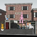 Vibrant Commercial Street With Red Brick Buildings Large Sculptures And Stationery Store