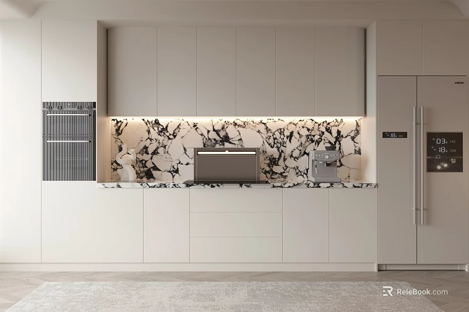 Elegant Modern White Kitchen Sideboard Design With Marble Backsplash And Appliances 3d model