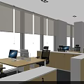 Modern Office Interior With Desks Computers Large Windows And White Blinds 3d model