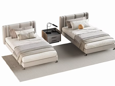 Modern Single Bed with Upholstered Headboard Nightstand and Table Lamp on Striped Rug 3d model