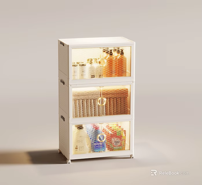 White Multi Layer Storage Cabinet With Transparent Doors And Organized Supplies 3d model