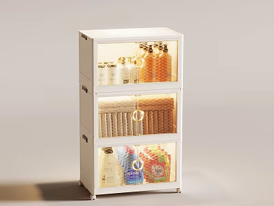 White Multi Layer Storage Cabinet With Transparent Doors And Organized Supplies 3d model