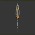 Traditional Decorative Spear With Metal Blade Wooden Shaft And Blue Gold Ornaments