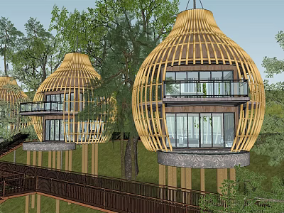 Unique Wooden Treehouse With Bamboo Structure Set In Lush Forest Featuring Balconies And Large Windows 3d model