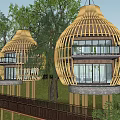 Unique Wooden Treehouse With Bamboo Structure Set In Lush Forest Featuring Balconies And Large Windows