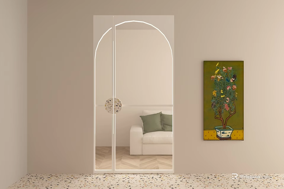 Double Door With Mirrored Glass In Modern Interior Beside Sofa And Decorative Painting 3d model 
