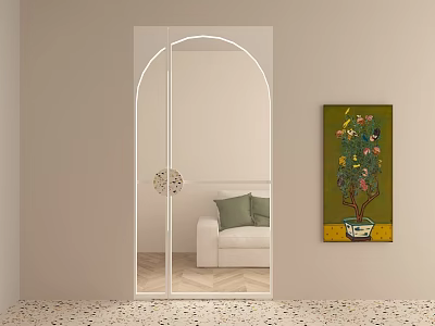 Double Door With Mirrored Glass In Modern Interior Beside Sofa And Decorative Painting 3d model