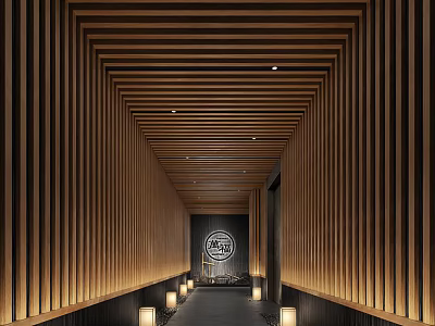 Modern Hotel Corridor Interior Featuring Wooden Vertical Slats Ceiling And Warm Lighting Ambiance 3d model