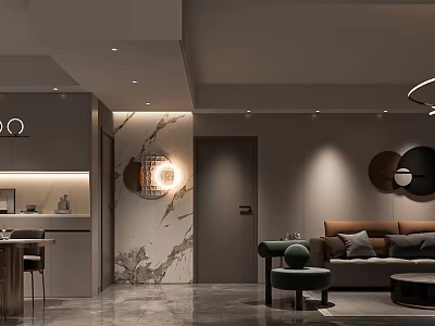 Modern Luxury Dining And Living Room Interior Design With Marble Accent Wall And Comfortable Furniture 3d model