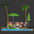 Colorful Cartoon Beach Scene With Palm Trees Green Umbrella Deck Chairs And Playful Characters