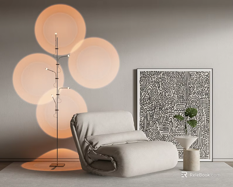Single Sofa with Floor Lamp Circular Lampshades Black White Patterned Painting and Small Potted Plant 3d model 