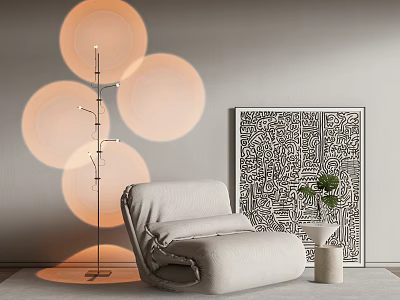 Single Sofa with Floor Lamp Circular Lampshades Black White Patterned Painting and Small Potted Plant 3d model