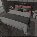 Modern Double Bed With Pink Headboard And Plaid Pillows Nightstand Lamps On Geometric Rug