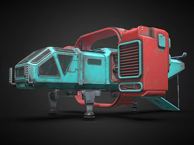 Futuristic Teal And Red Mechanical Structure With Cockpit Vented Panels And Support Legs 3d model