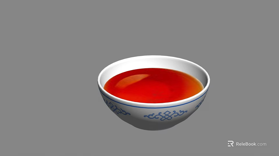 White Bowl With Red Liquid And Blue Patterns On Gray Background 3d model 
