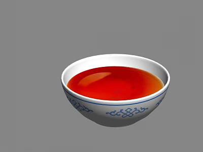 White Bowl With Red Liquid And Blue Patterns On Gray Background 3d model