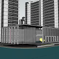 Modern Sales Office Building With Glass Curtain Wall Water Feature And High Rise Buildings Around