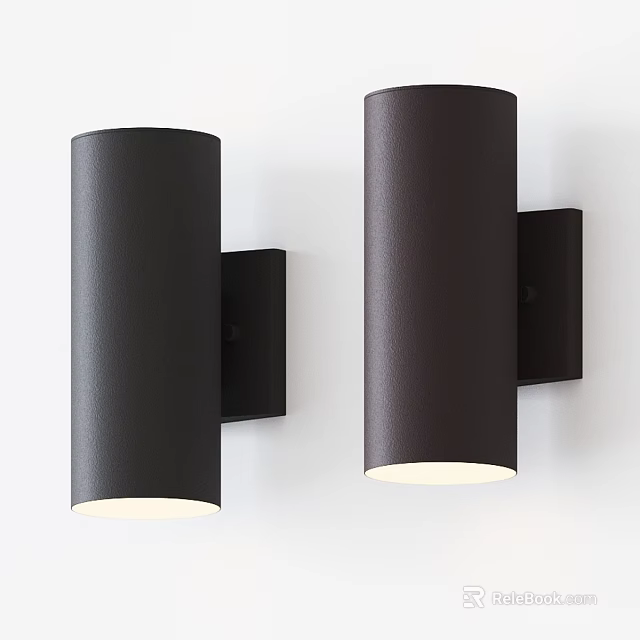 Black Cylindrical Wall Lamps Mounted on White Wall with Warm White Lighting 3d model 