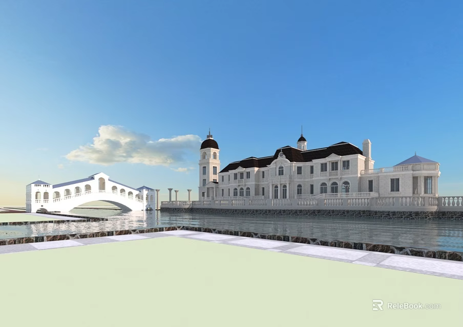 European style Architecture With White Exterior Clock Tower And Bridge By Waterfront Under Blue Sky 3d model 