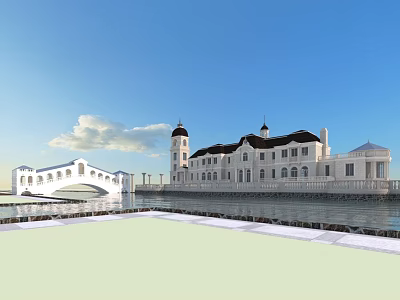 European style Architecture With White Exterior Clock Tower And Bridge By Waterfront Under Blue Sky 3d model