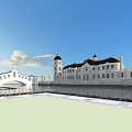 European style Architecture With White Exterior Clock Tower And Bridge By Waterfront Under Blue Sky
