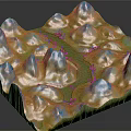 Detailed 3D Garden Landscape Model with Mountainous Terrain Winding River and Scenic Paths