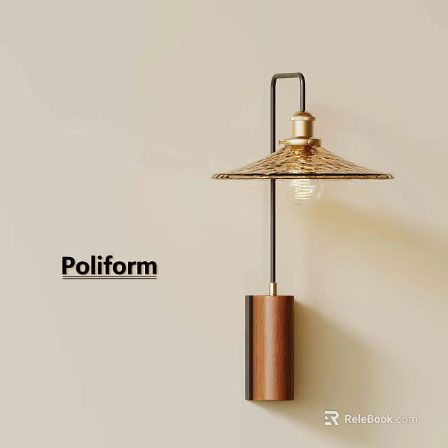Poliform Modern Floor Lamp With Wooden Base And Textured Metal Shade Bulb 3d model 